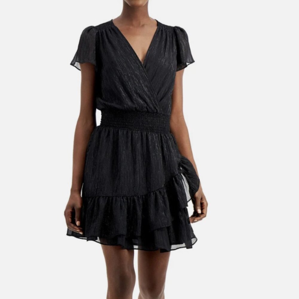 Michael Kors Women's Ruffled Wrap Dress, Black Shimmer, Medium